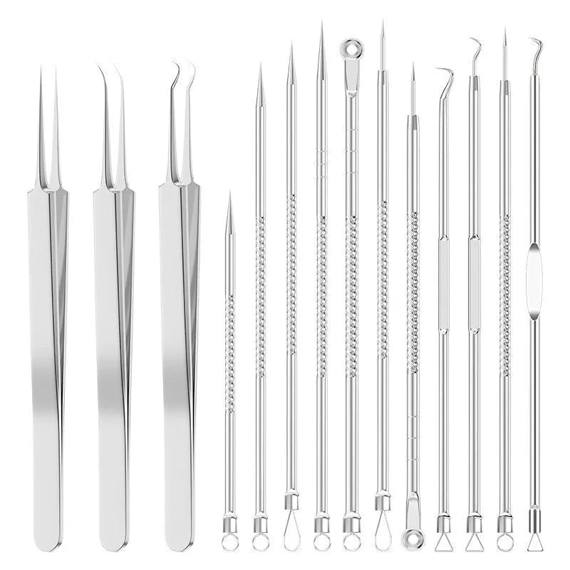 Four-piece metal acne needle set with ultra-fine pointed tips and clips on a white background