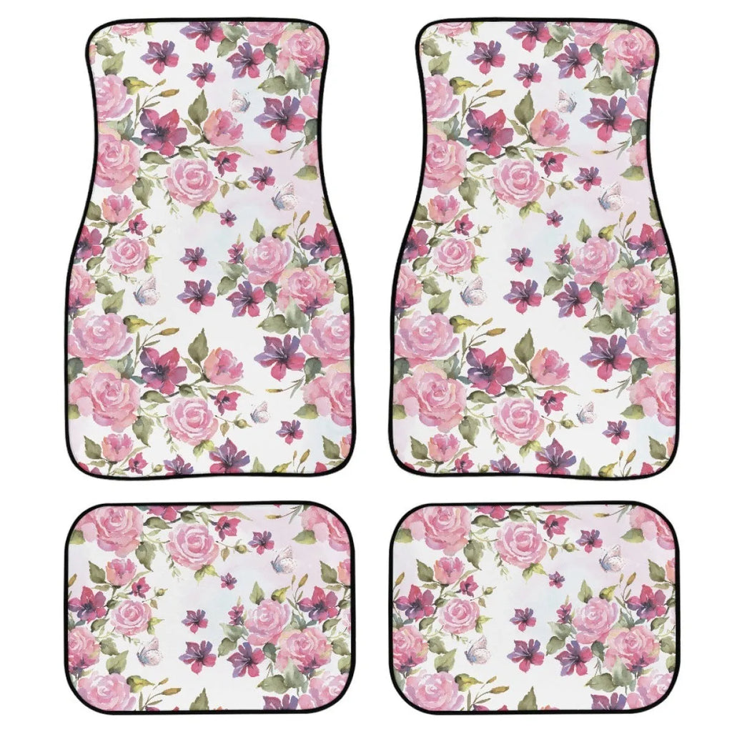 Black printed rubber car floor mats, four-piece set showing textured surface and 20mm thickness.
