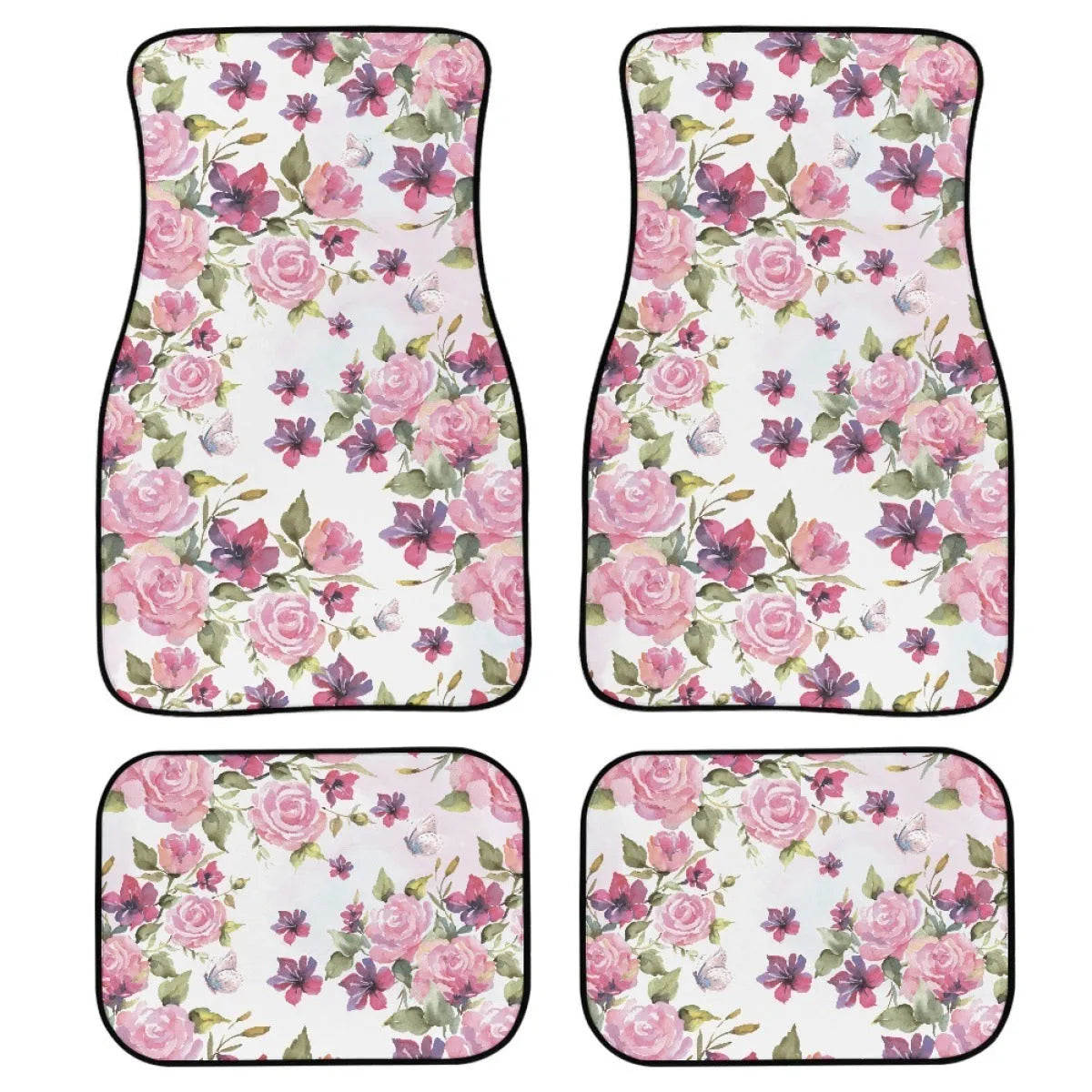 Black printed rubber car floor mats, four-piece set showing textured surface and 20mm thickness.