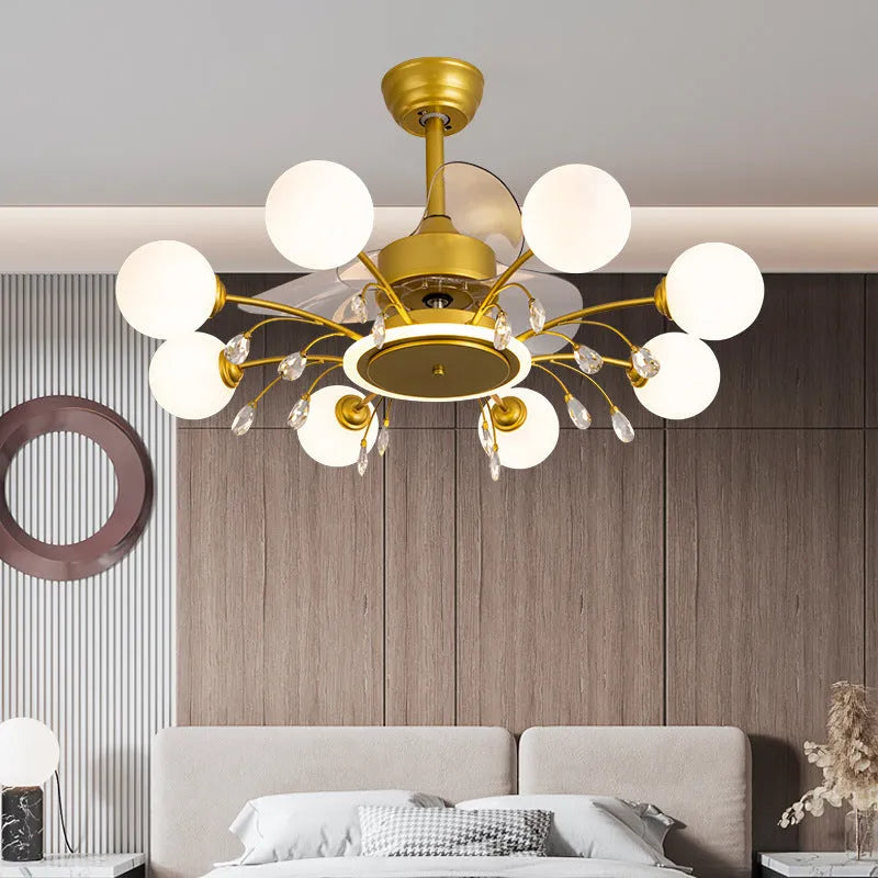 Gold finish ceiling fan chandelier with multiple lights and metal blades, shown on a white ceiling.