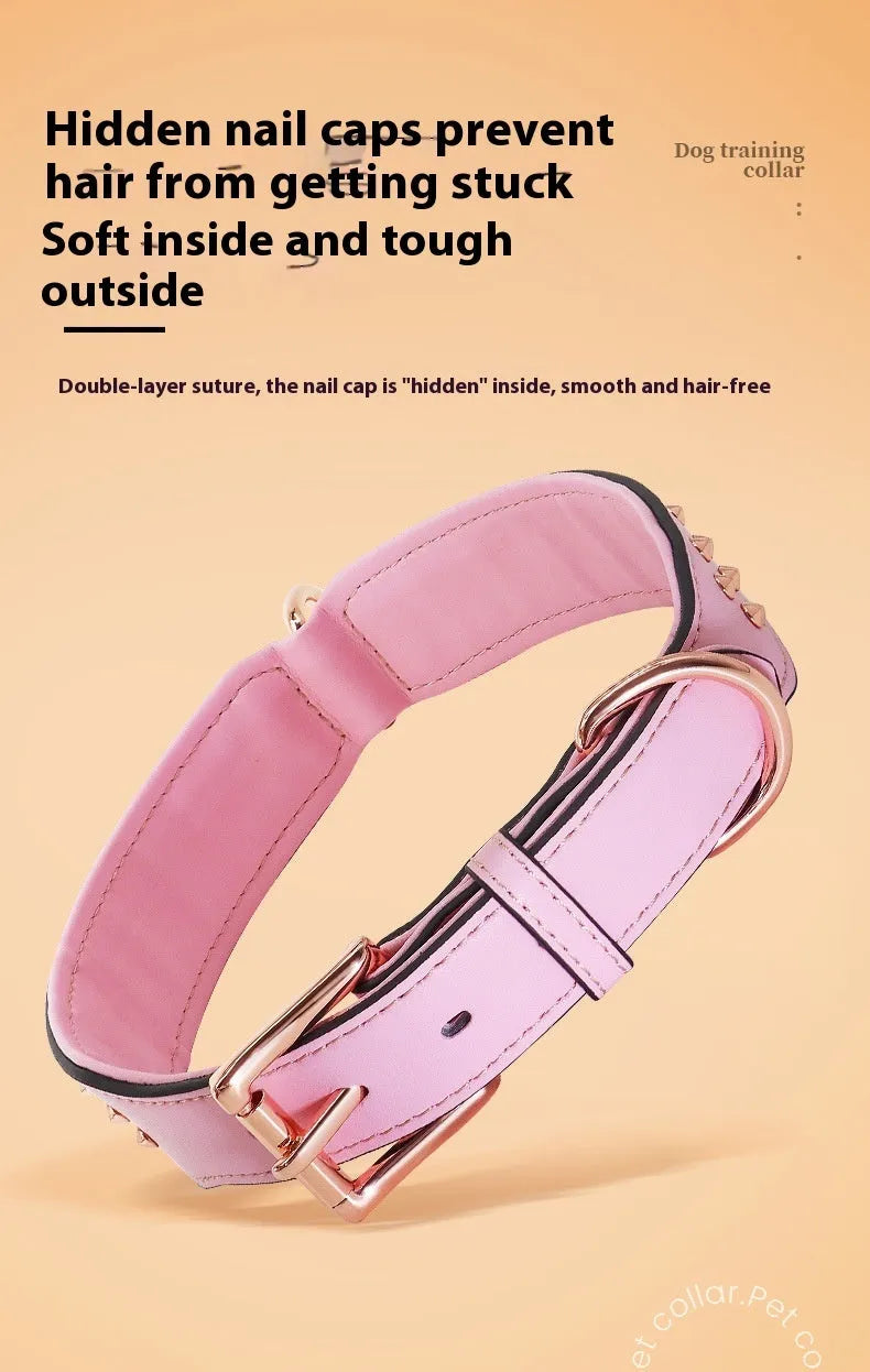 Leather dog training collar with stainless steel anti-bite rivets in black, chocolate, or pink colour options