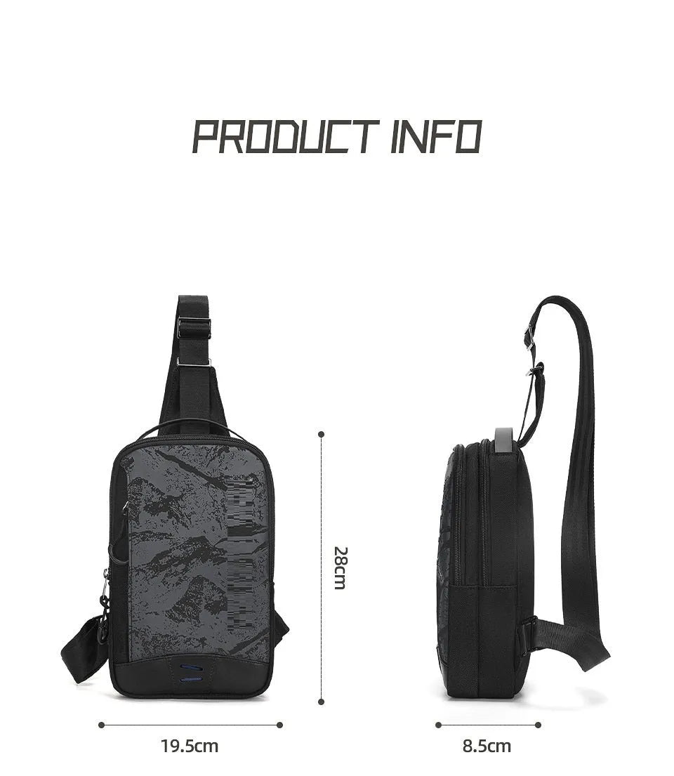 Black camouflage chest bag with single shoulder strap showing waterproof TPU construction and mobile phone compartment