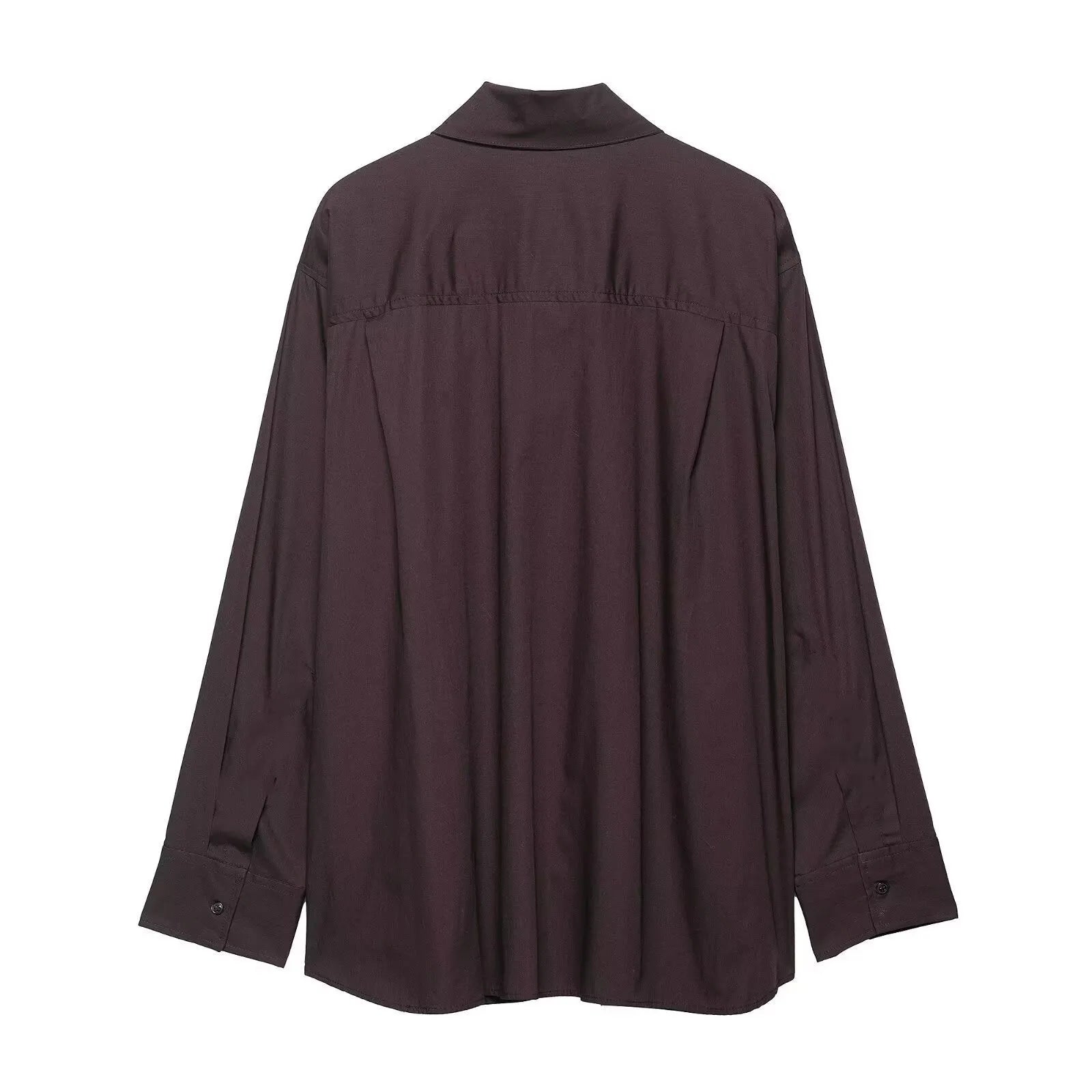 Brown women's loose-fit poplin shirt with long sleeves and a built-in bow tie detail.