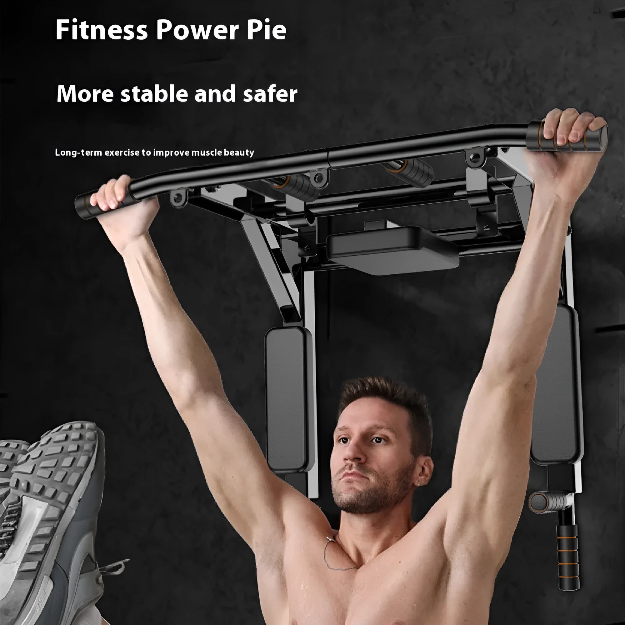 Black wall-mounted fitness equipment with sandbag rack and parallel pull-up bars measuring 77x47x11cm