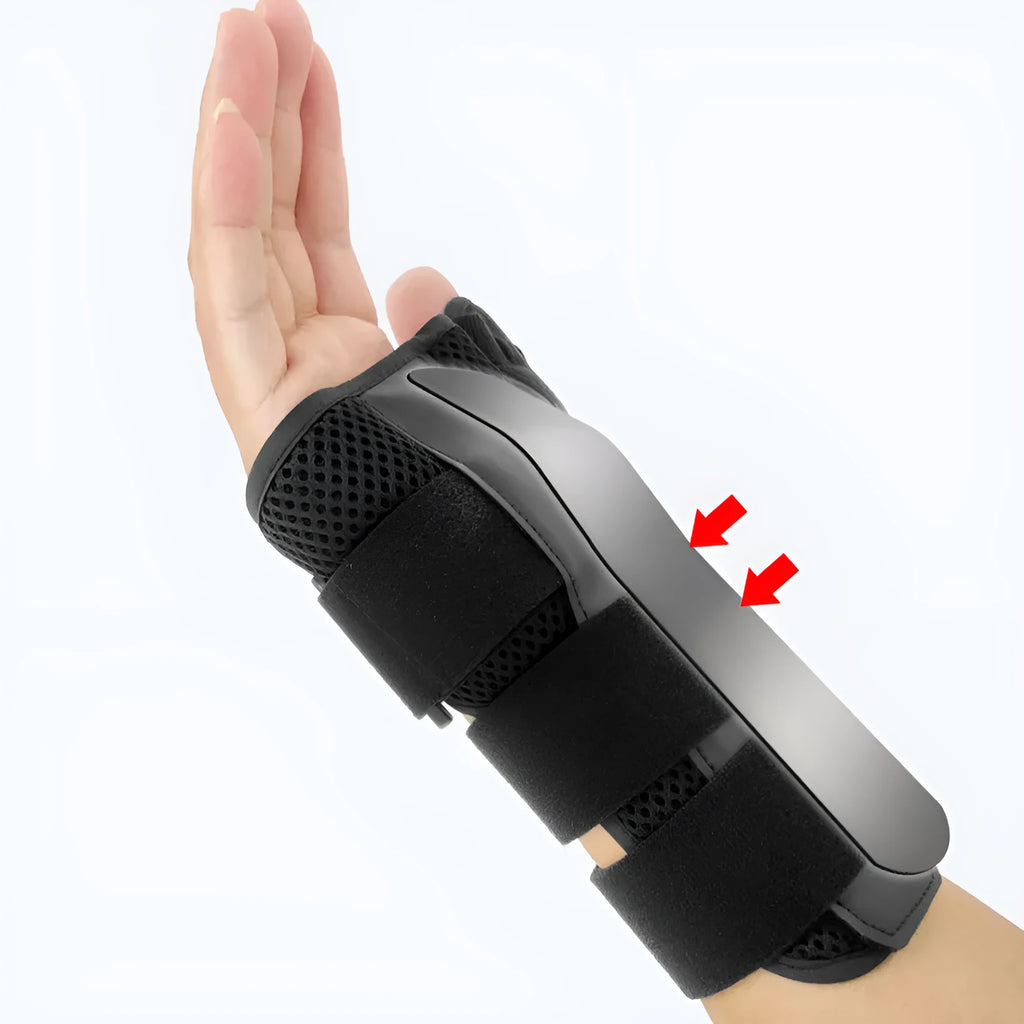 Carbon fibre sports wrist guard with thumb strap in black and grey