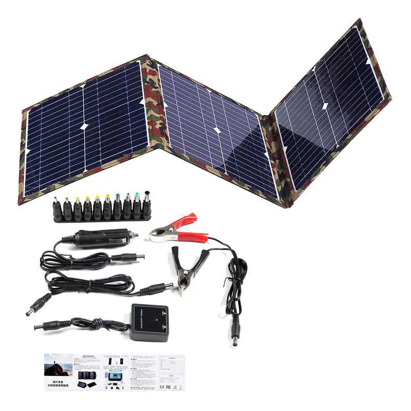 Black foldable 36W solar panel with car charger and accessories for outdoor power