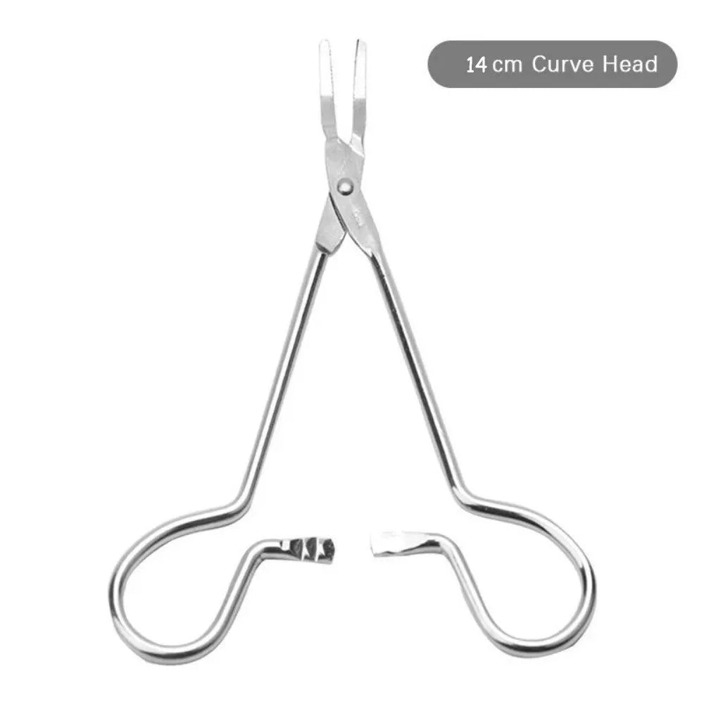 Silver stainless steel pet ear tweezers with curved tip and anti-slip handle on white background