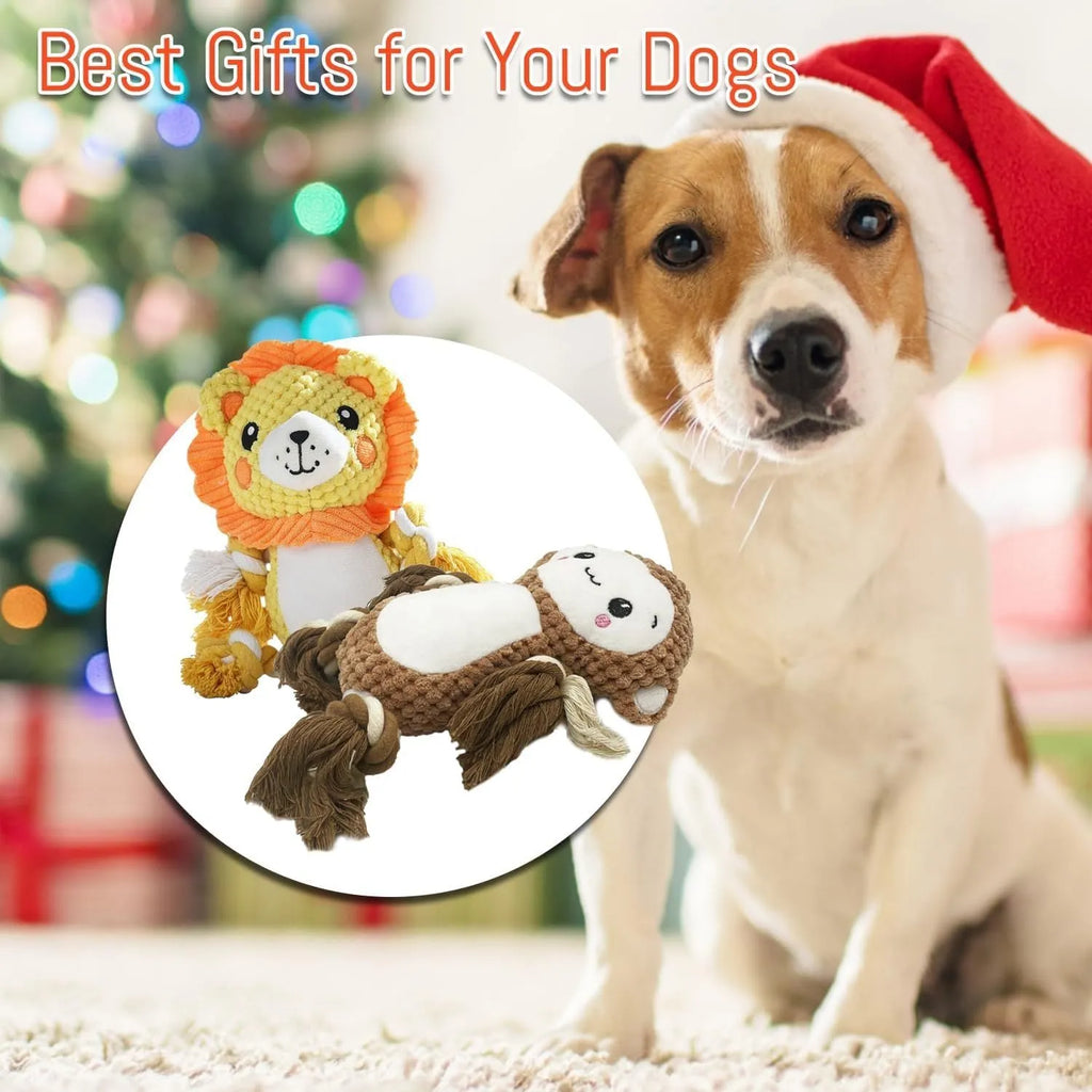 Lion and monkey plush squeaky dog toys bundle for medium and large dogs