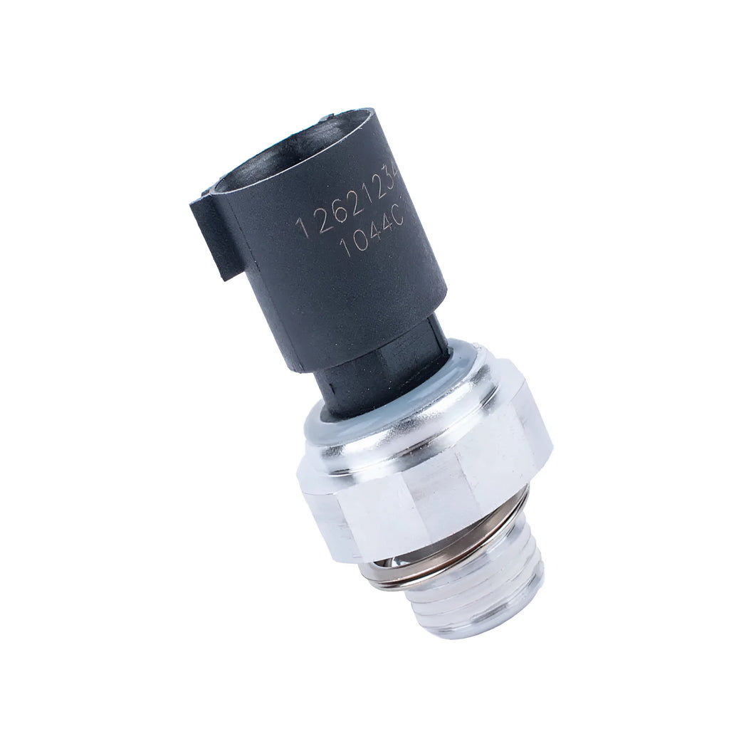 Silver automobile fuel pressure sensor replacement part on a white background.