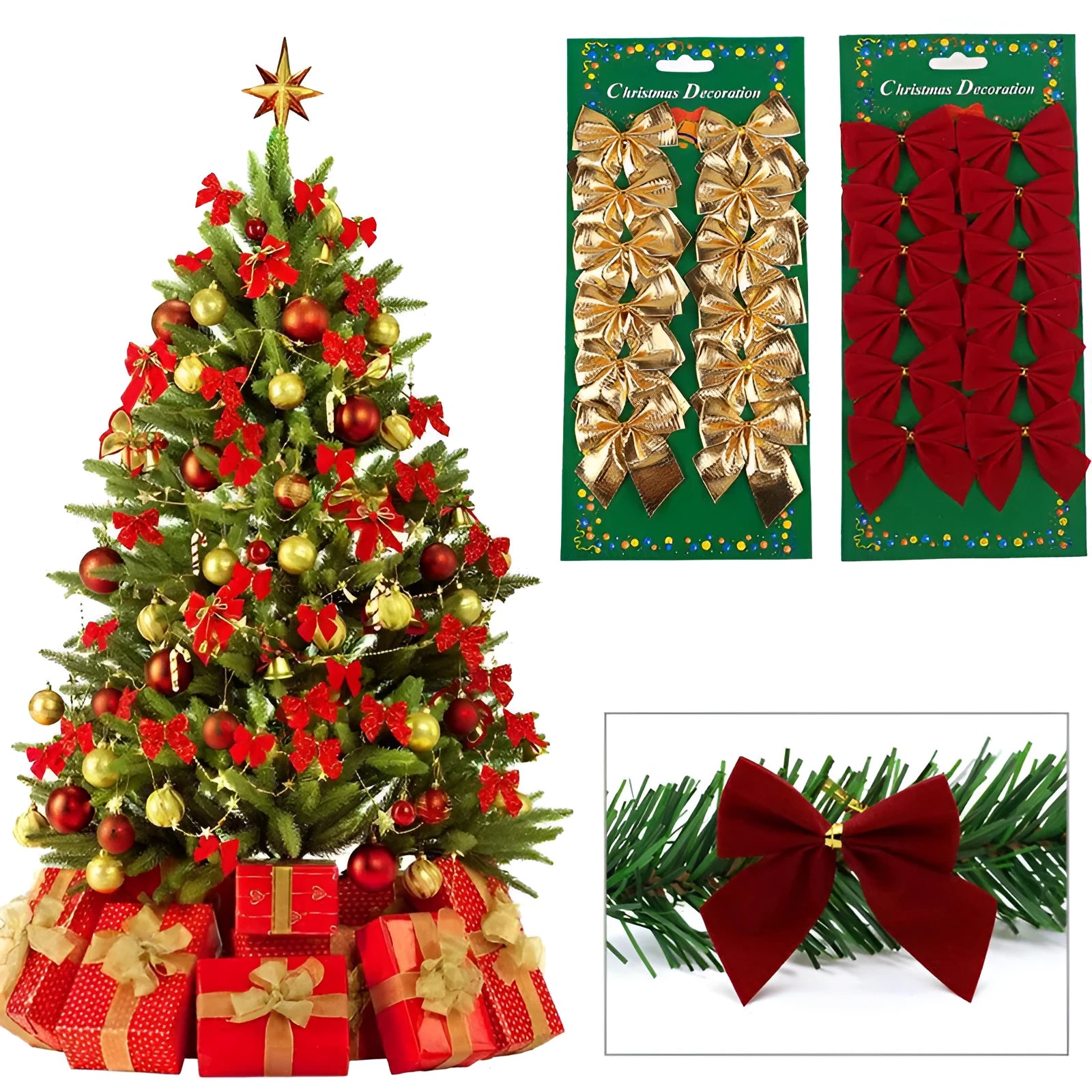 5 cm Christmas tree decoration bow in gold red silver colours made from polyester fabric