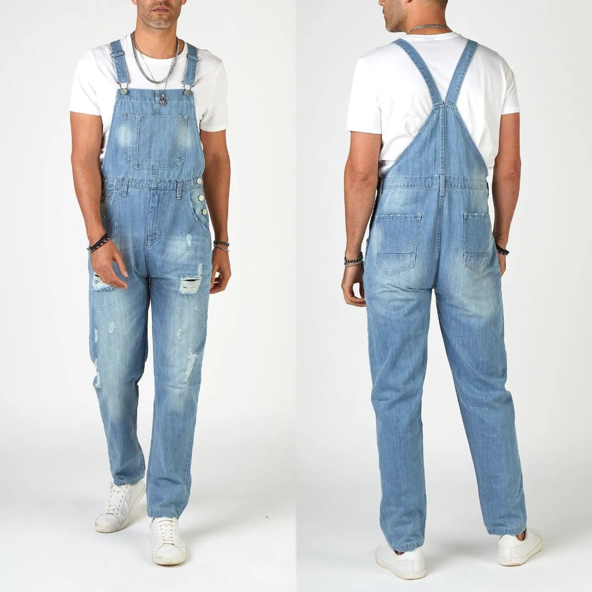 Men's light blue ripped suspender jeans with high waist and straight leg design