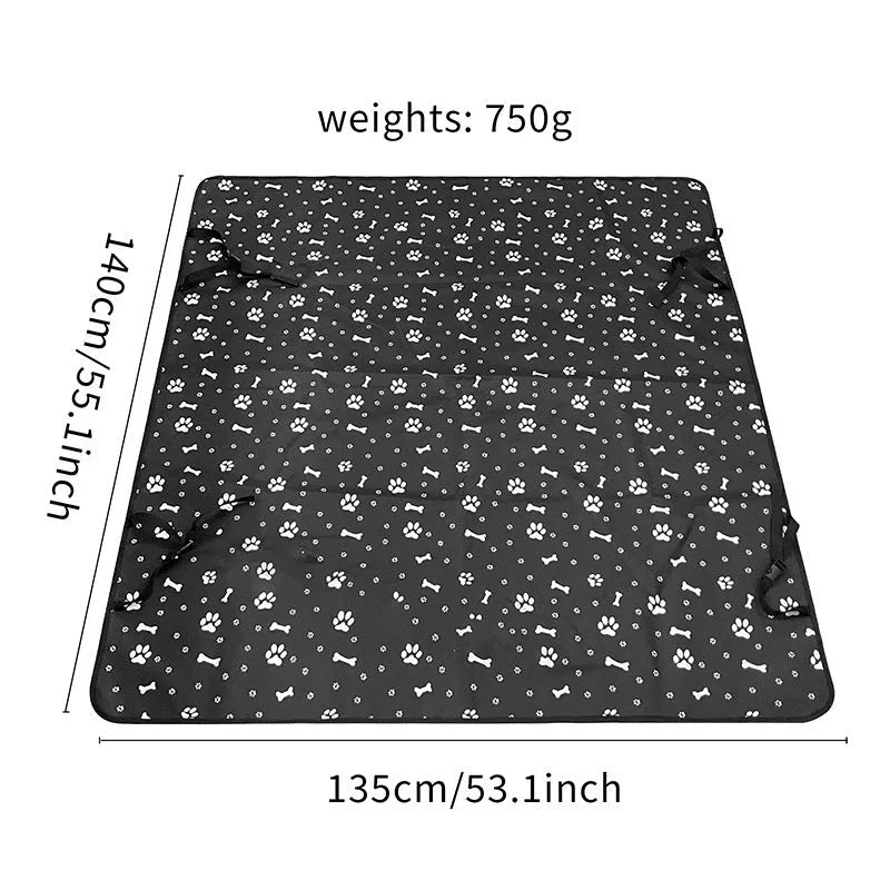 Water resistant cloth car pet mat for the rear seat, shown in a grey dog footprint print design.