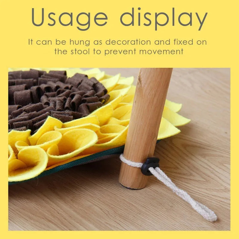 Yellow sunflower-shaped dog snuffle mat measuring 37.5cm with rope and buckle anti-slip design