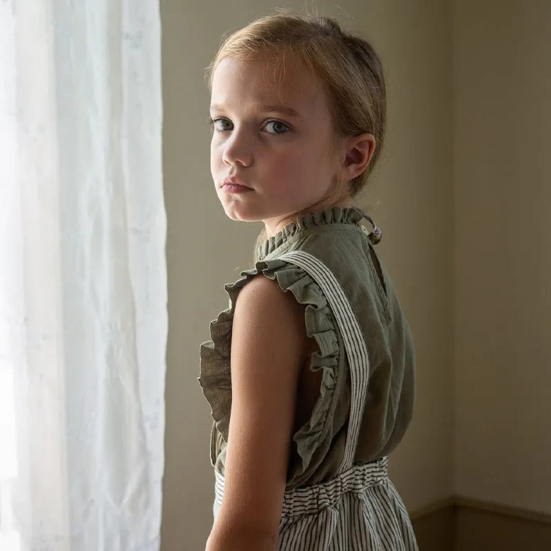 Girls cotton linen solid colour sleeveless T-shirt with wooden ear detail in beige