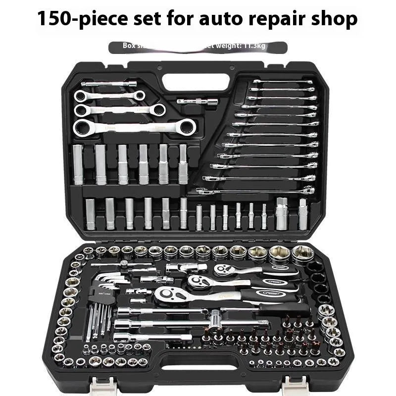 Auto repair multifunctional tool set with 150-piece flying socket wrenches, upgraded curved handle 72 teeth, black finish