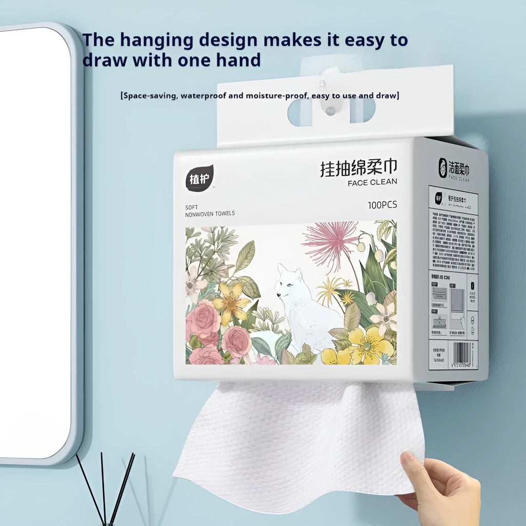 Disposable hanging roll of 100 soft face cloths made from viscose and polyester blend.
