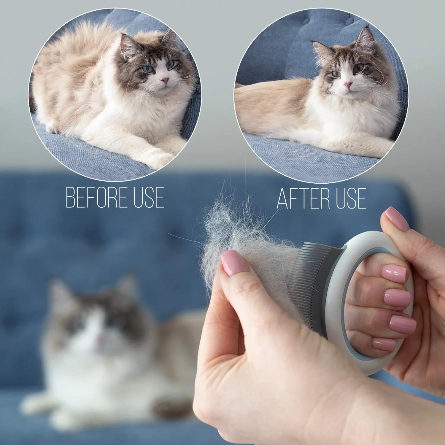 Blue pet grooming comb with ergonomic handle for cat and dog deshedding and dematting