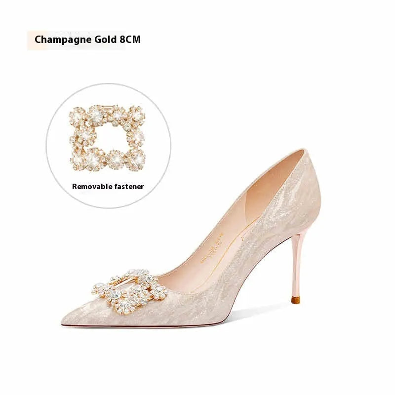 Champagne Gold pointed-toe high heel pumps with rhinestone and sequin decorations on a stiletto heel.