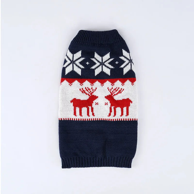 Navy blue Christmas dog knitted sweater with reindeer and star patterns, ribbed collar and hem
