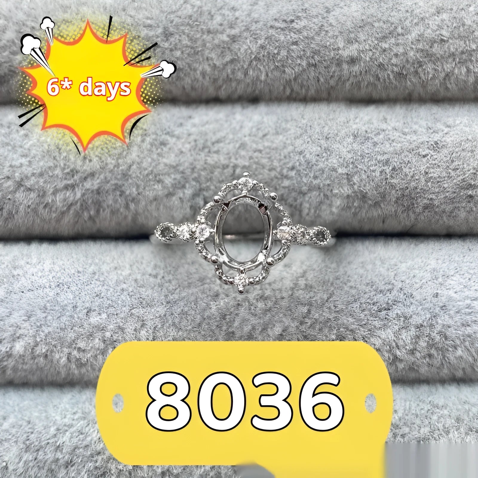Oval denier ring with 6*8 stone, open mouth setting and star detail in Korean style