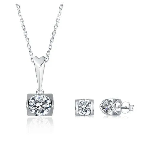S925 sterling silver moissanite pendant necklace and stud earrings two-piece set on white background