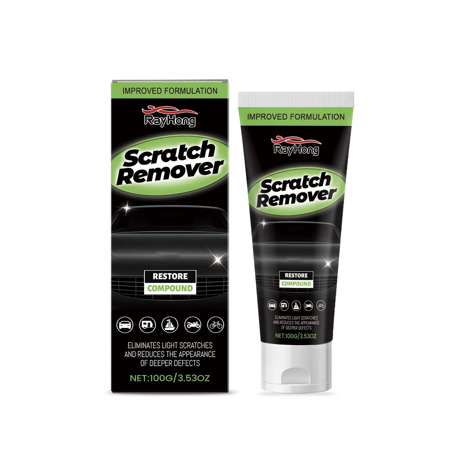 100g car paint scratch recovery cream tube measuring 3.8 x 16.3cm with water-based formula