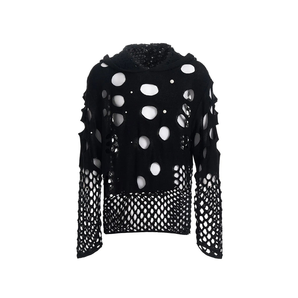 Black men's hoodie with pearl decorative elements on hood, loose fit thin fabric construction