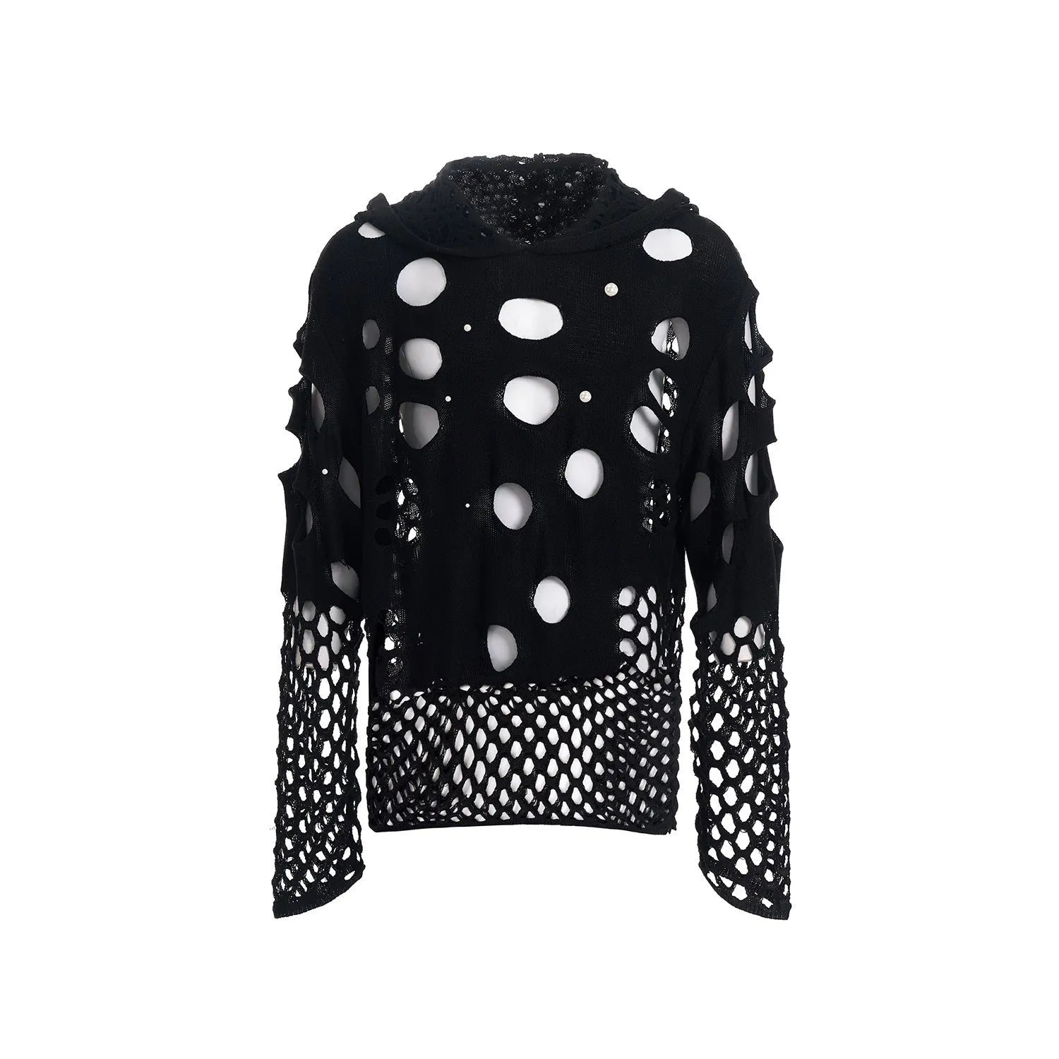 Black men's hoodie with pearl decorative elements on hood, loose fit thin fabric construction