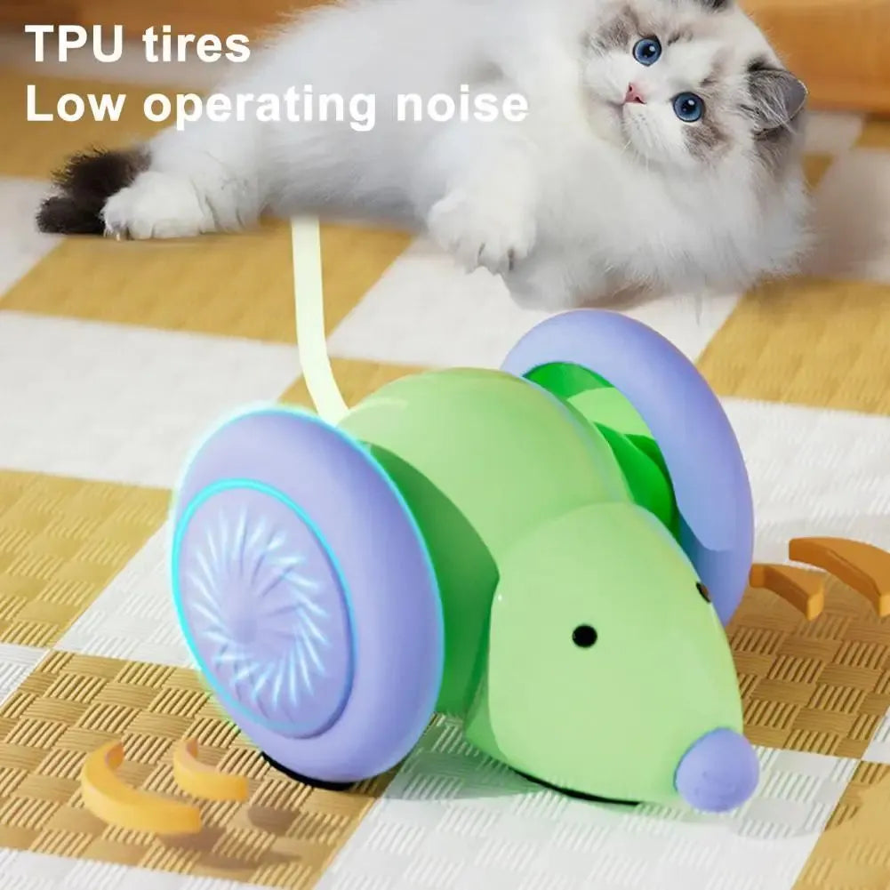 Interactive electric mouse cat toy with automatic teasing stick in green or white for indoor cats