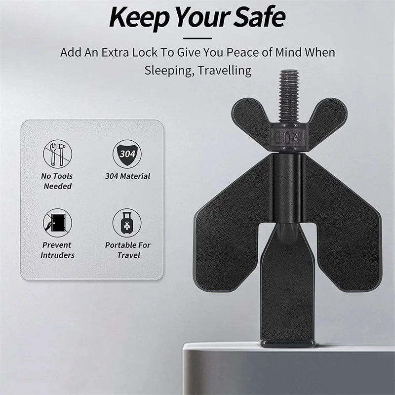 Portable hotel door lock in black, 304 stainless steel, anti-theft door stopper for travel and home safety