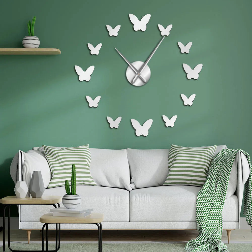 Round 3D mirror wall clock with butterfly design in Scandinavian style for living room