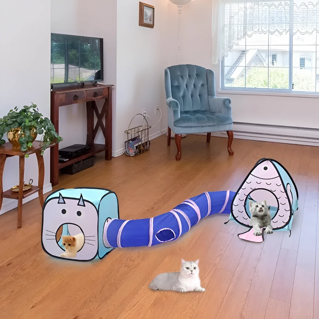 Foldable cat tent and tunnel three-piece set in cat and fish design on a white background.