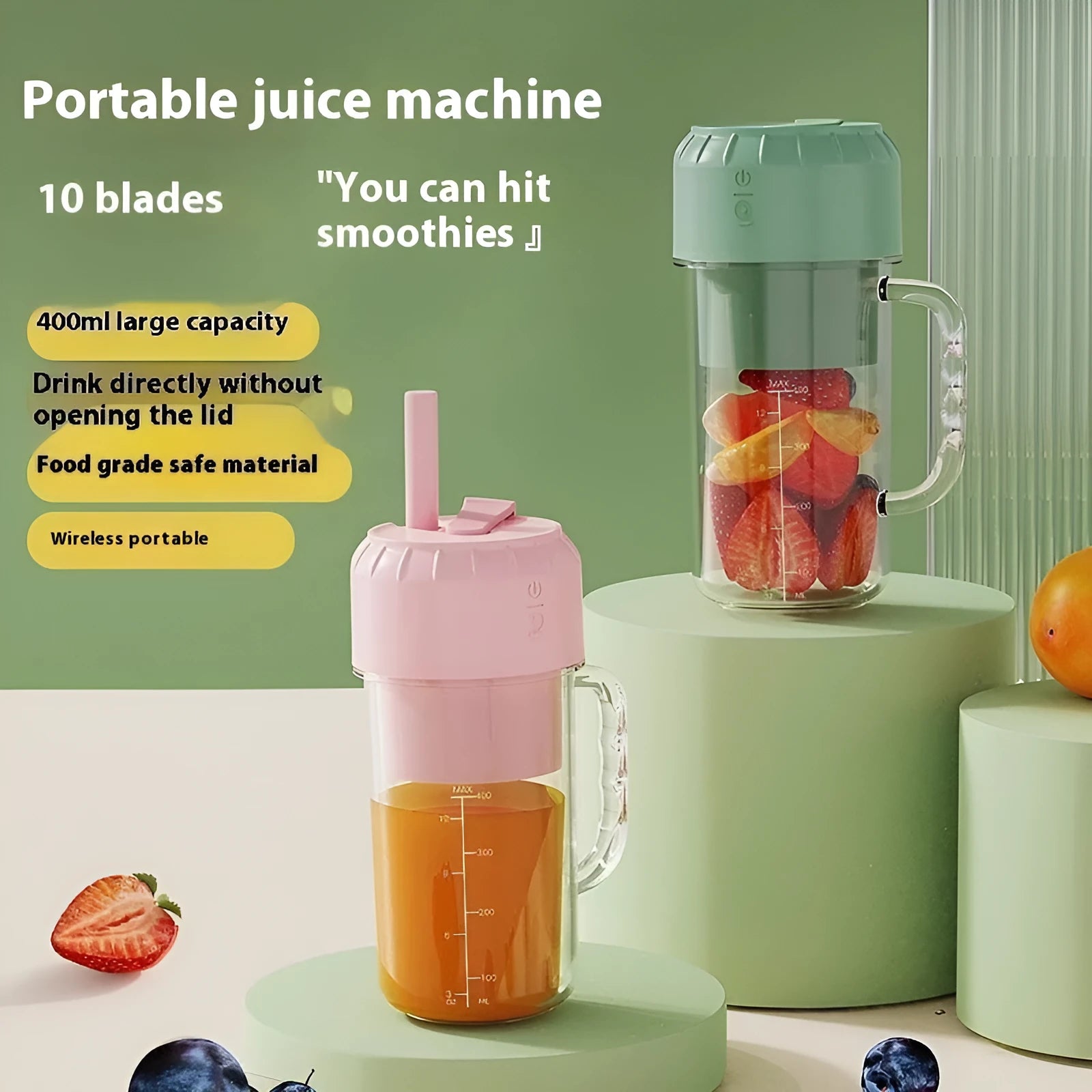Portable USB-powered juicer in avocado green or cherry blossom powder with selectable blade options