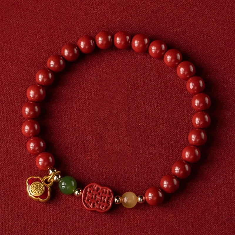 Happy Eyebrow Bracelet with Emperor Sandstone beads and fu character in New Chinese style.