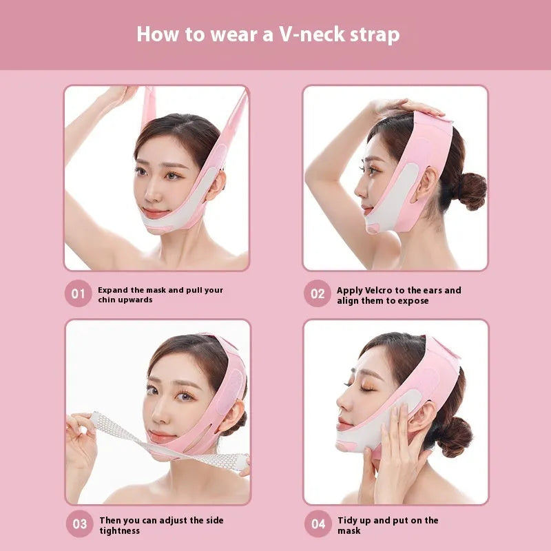 Pink and black elastic V-shaped face bandage for facial care and contouring support.