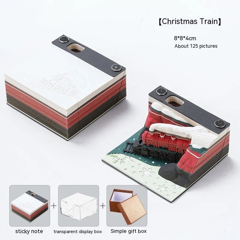3D sticky notes with Qingshui Temple paper carving and Christmas Train cover design