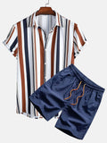 Men's short sleeve cardigan and shorts casual suit set with digital print design in blue.