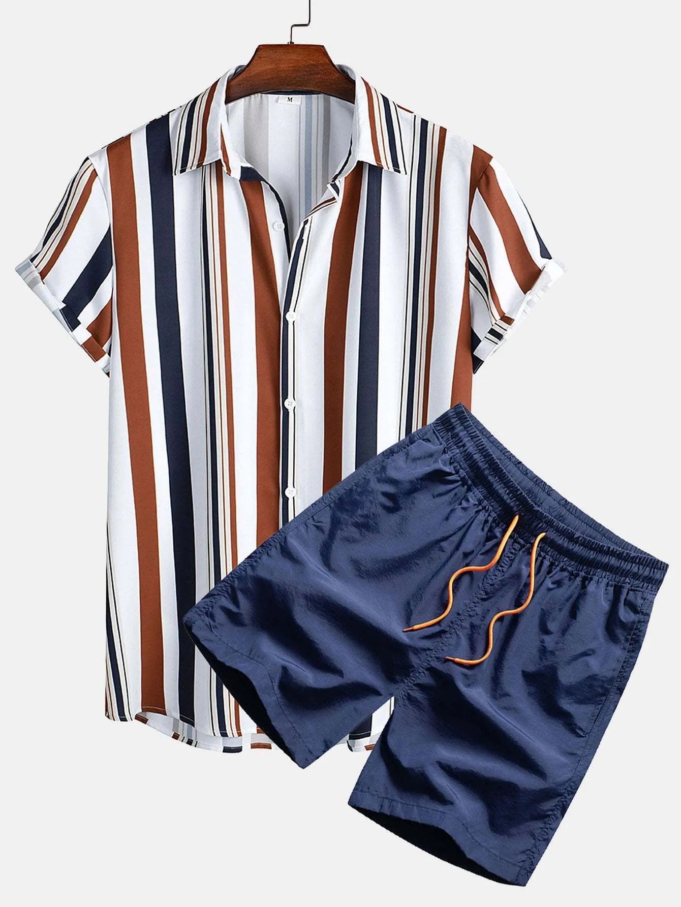 Men's short sleeve cardigan and shorts casual suit set with digital print design in blue.
