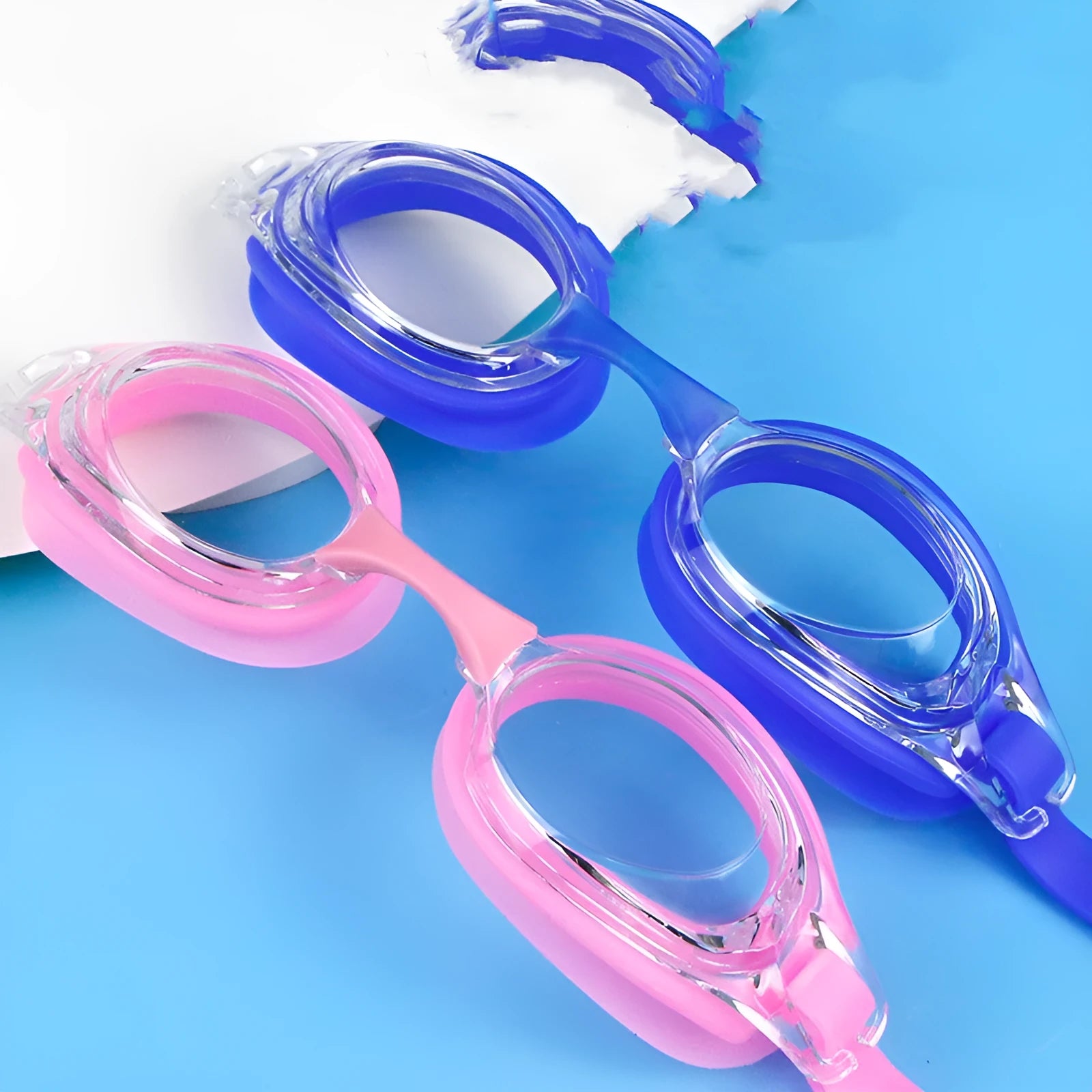 Myopia swimming goggles with HD waterproof non-fogging lenses in a case, available in multiple colours.