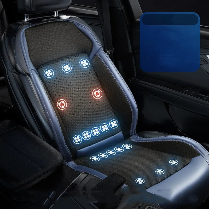 Black car seat cooling pad with ventilation fan and USB cable on vehicle seat