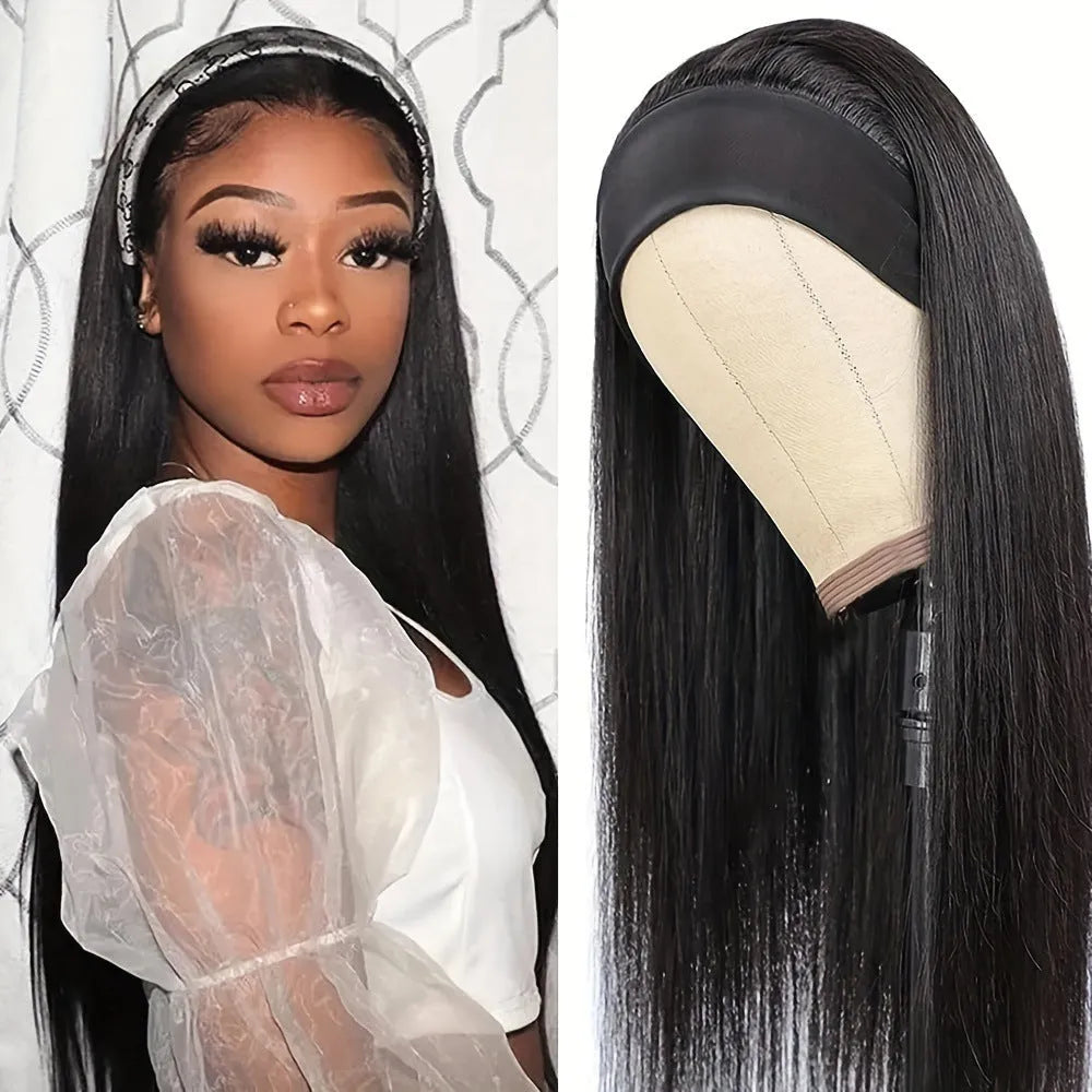 Headband wig with long synthetic hair in straight and curly styles, in black and wine red colours.