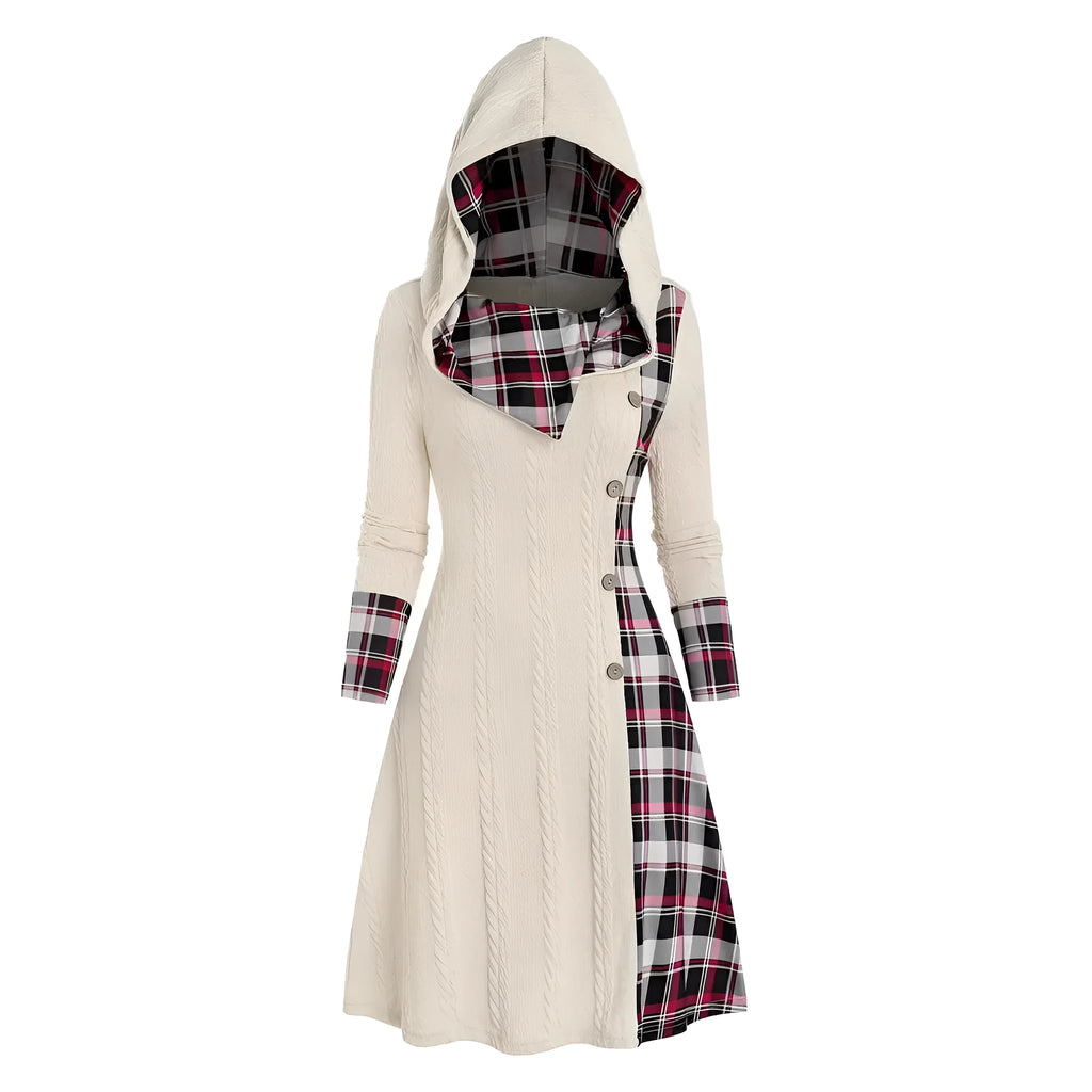 Women's hooded sunken stripe sweater pullover dress in solid colour with A-line mid waist and long sleeves