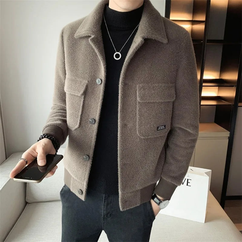Golden mink velvet lapel fur coat in solid colour with bag cover seam pockets, available in black and yellow, sizes M to XXXL