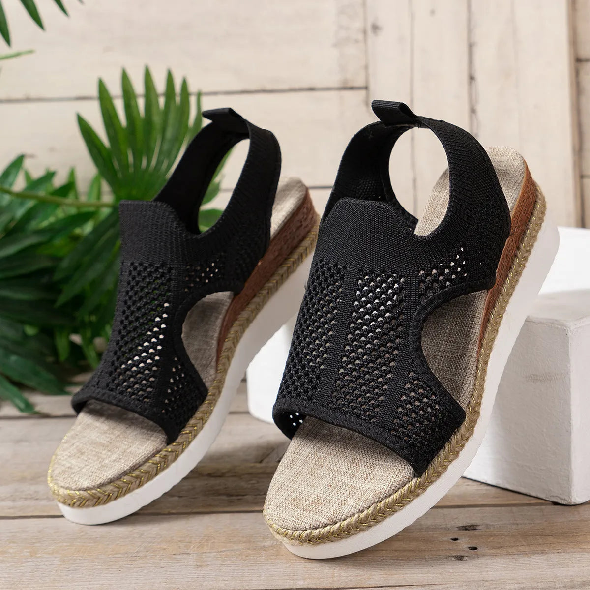 Women's hollow wedges sandals with breathable woven mesh upper and patent leather, peep-toe design, available in beige, black, khaki sizes 36-43