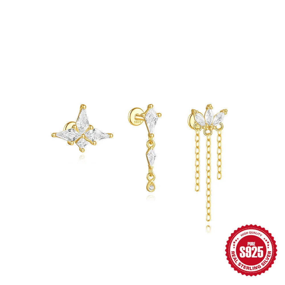 S925 sterling silver geometric kite earring with rhinestone detail and gold chain tassel flat head design