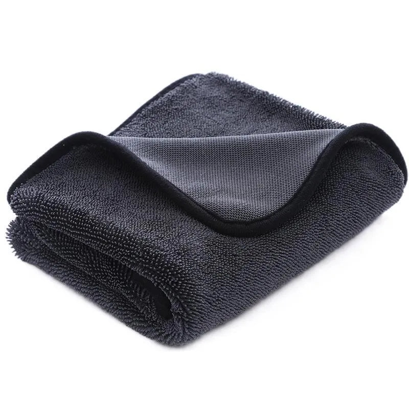 Grey car cleaning microfibre towel with a twisted braid edge, shown in various sizes for washing glass.