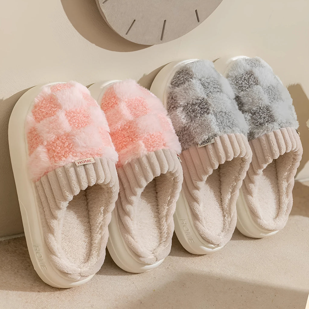 Women's coral velvet plush house slippers with non-slip sole in coffee, green, grey, pink, and white colours