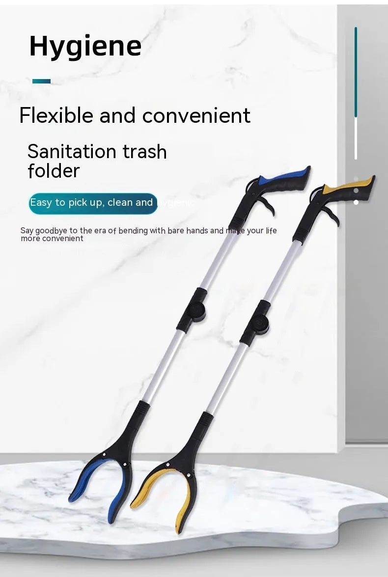 Foldable aluminium alloy garbage clamp with magnetic sucker showing extended and collapsed positions