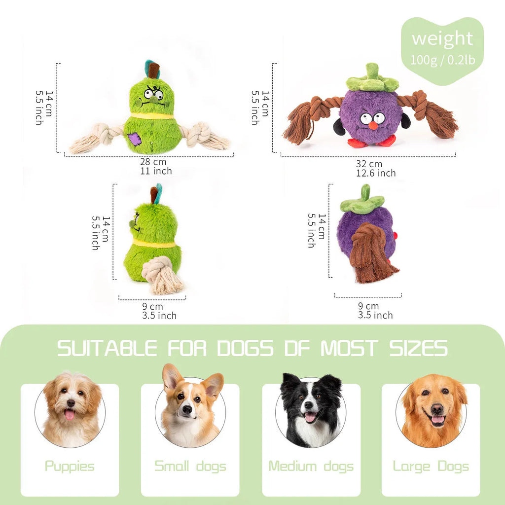 Green and purple interactive plush rope dog toy with knot design and squeaker for tug-of-war games.