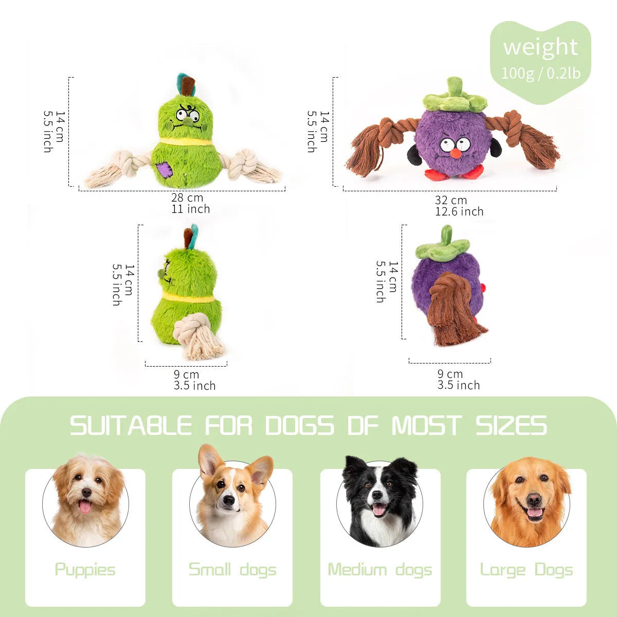 Green and purple interactive plush rope dog toy with knot design and squeaker for tug-of-war games.